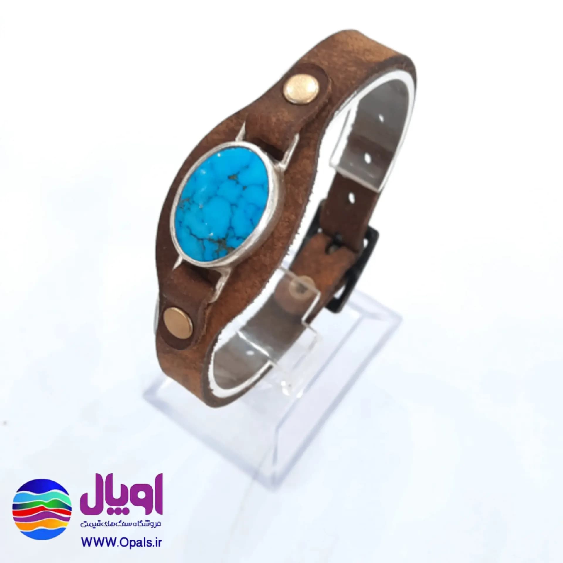 دستبند چرم طبیعی شتری با نگین فیروزه 4 گرم — تصویر ۳