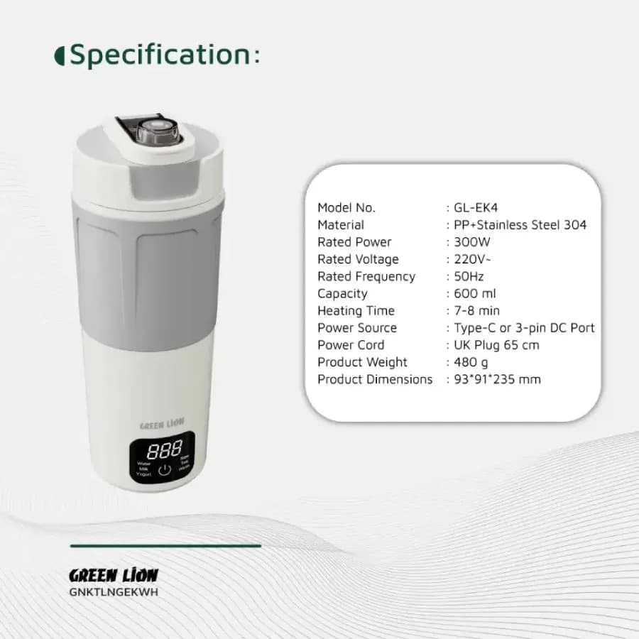 کتری برقی سفری گرین لاین Kettle & Go ظرفیت 600 میلیلیتر مدل GL-EK4 — تصویر ۵