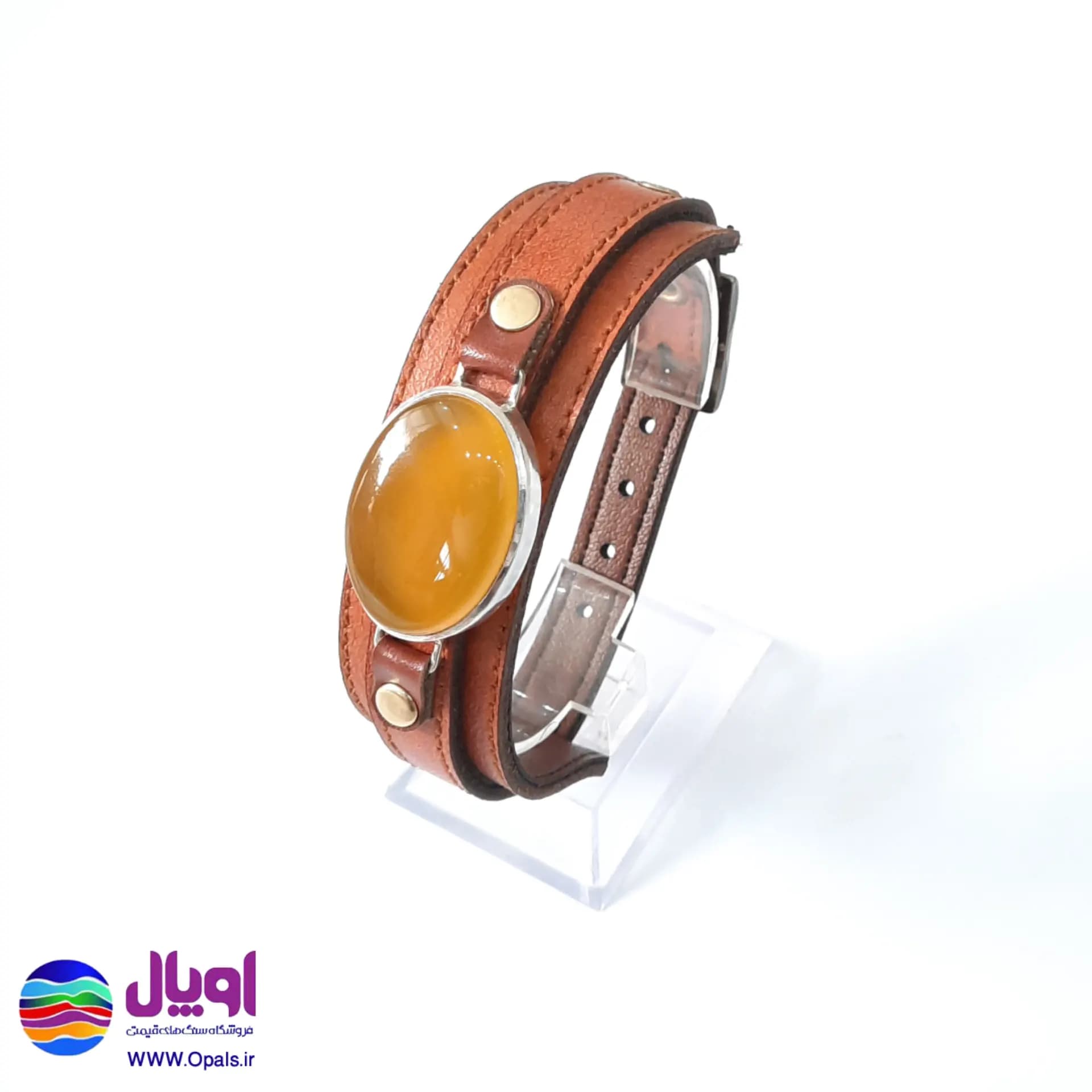 دستبند چرم طبیعی با نگین عقیق زرد 6.7 گرم