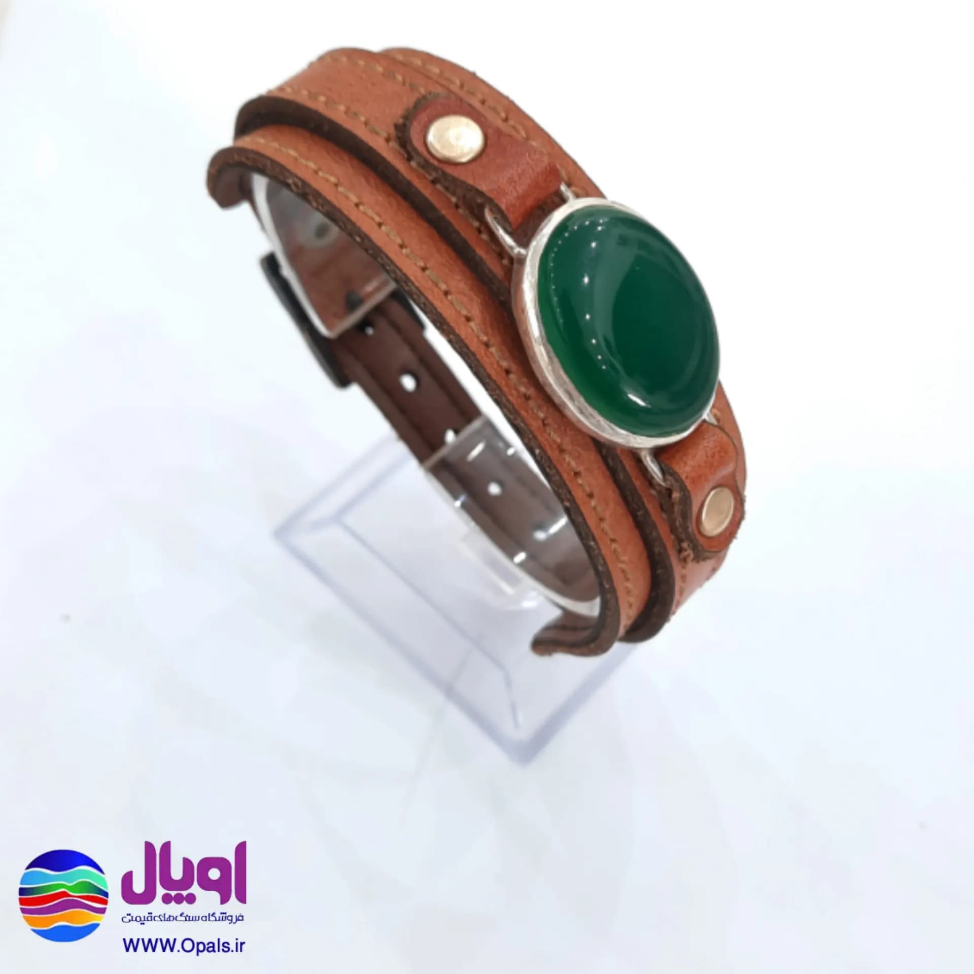 دستبند چرم طبیعی با نگین عقیق سبز 6 گرم