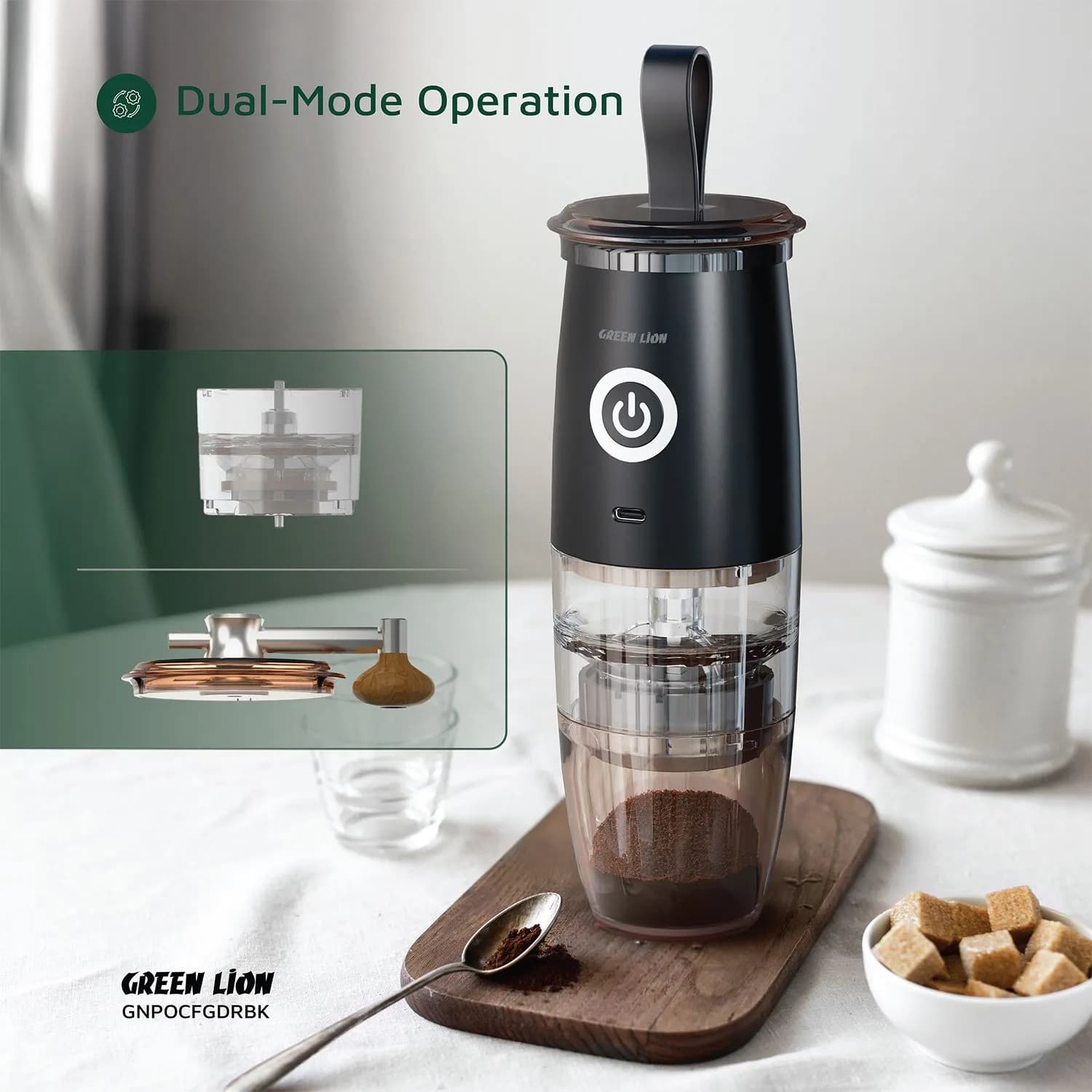 آسیاب قهوه قابل حمل گرین Green Lion Portable Coffee Grinder مدل46 وات، 5 سرعته با شارژ Type‑C — تصویر ۴