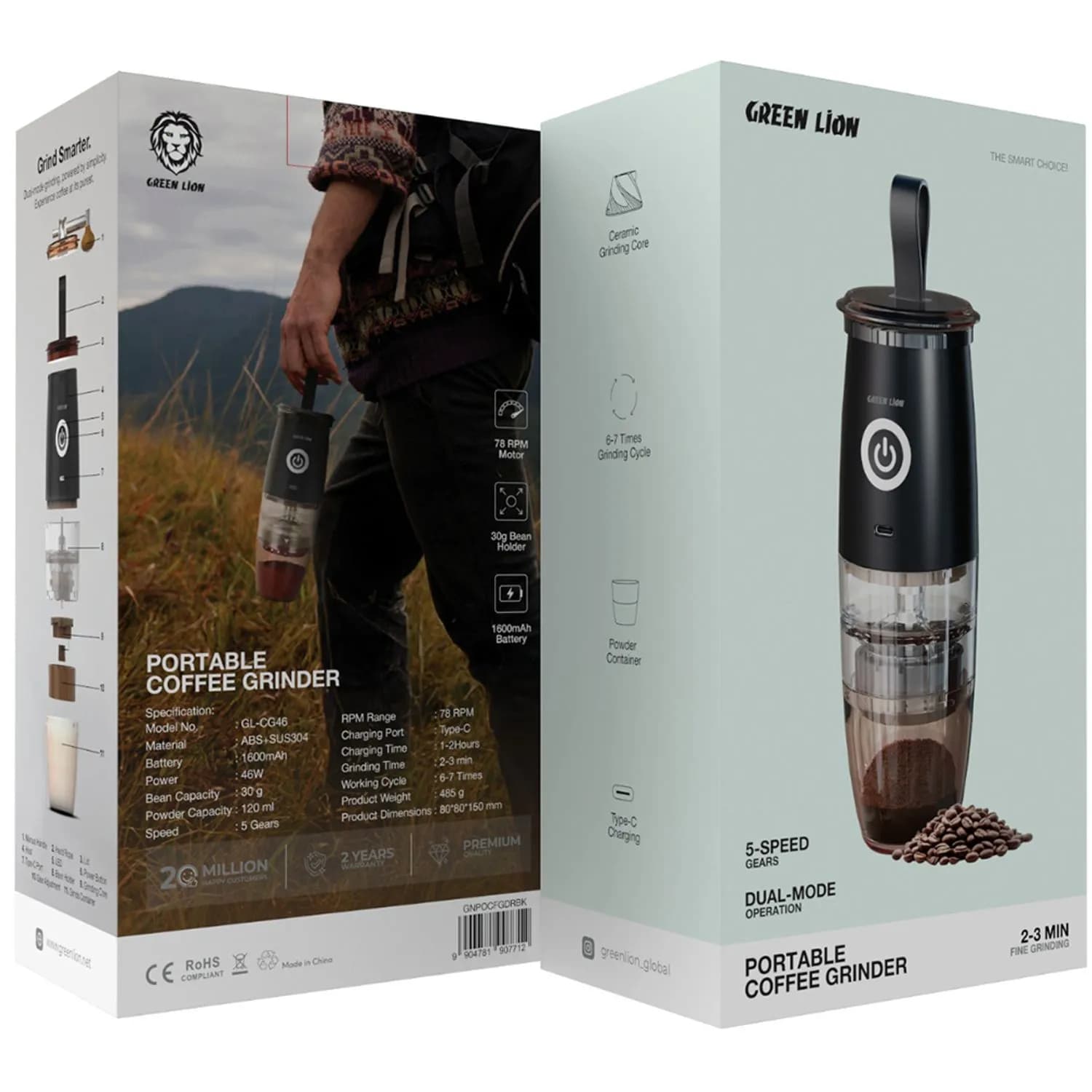 آسیاب قهوه قابل حمل گرین Green Lion Portable Coffee Grinder مدل46 وات، 5 سرعته با شارژ Type‑C — تصویر ۶