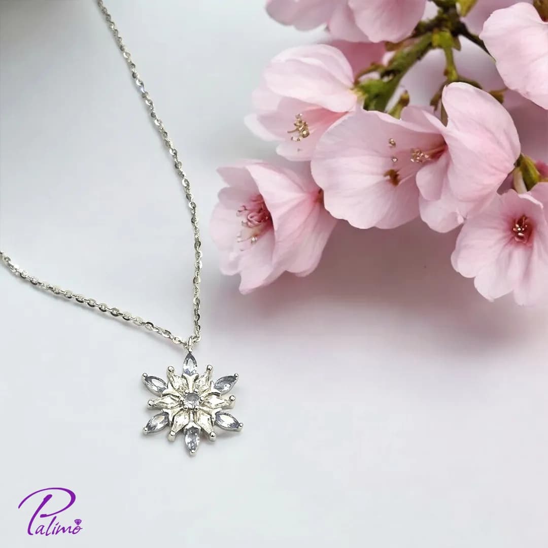 گردنبند نقره دانه برف آبی N2207 با روکش طلای سفید — تصویر ۸