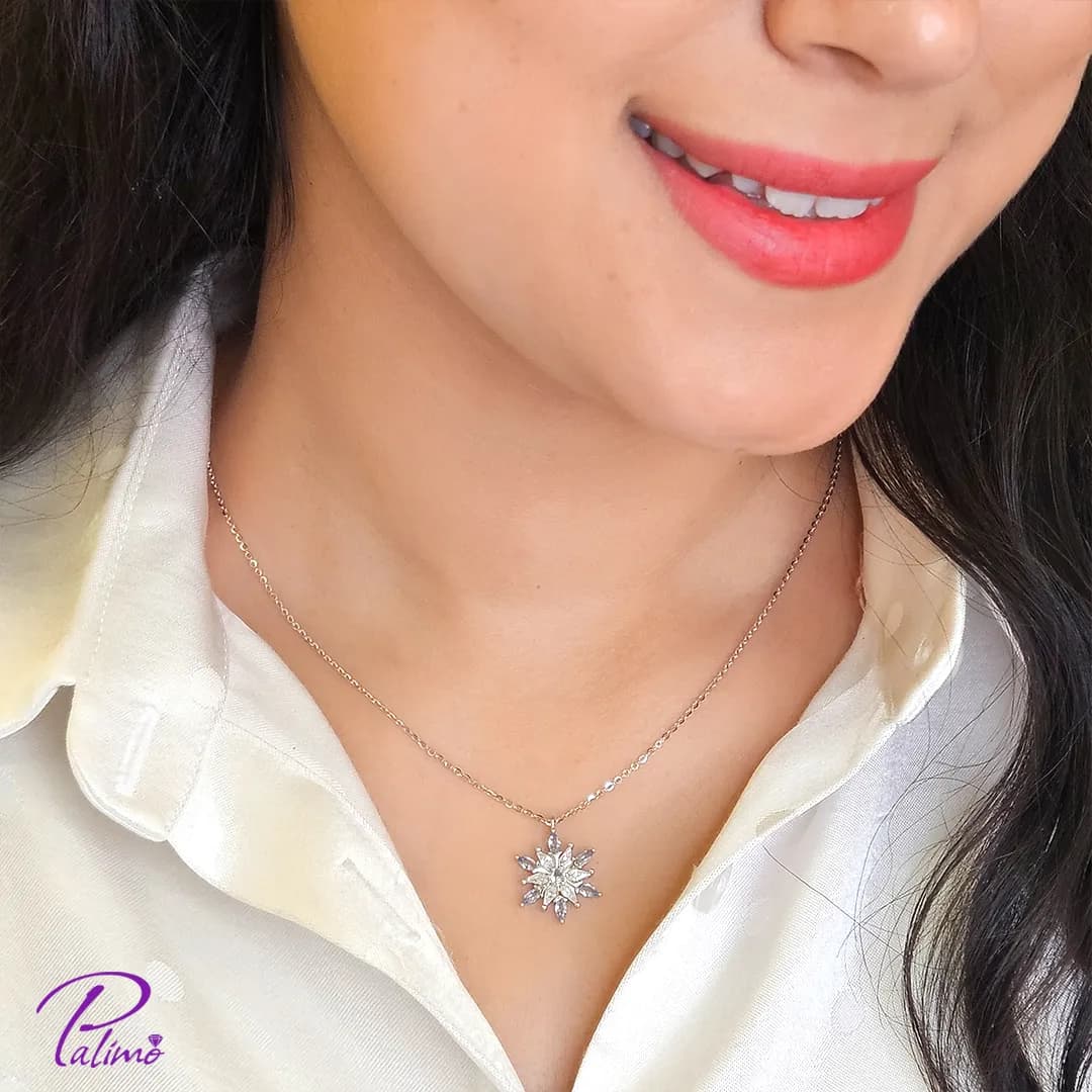 گردنبند نقره دانه برف آبی N2207 با روکش طلای سفید — تصویر ۳