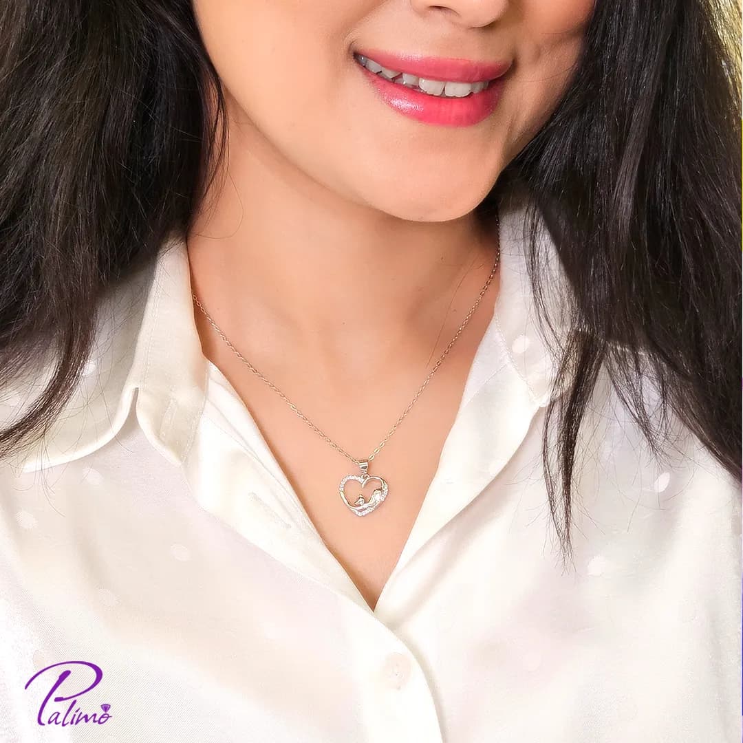 گردنبند نقره قلب و گربه کد N2237 با روکش طلا سفید — تصویر ۲