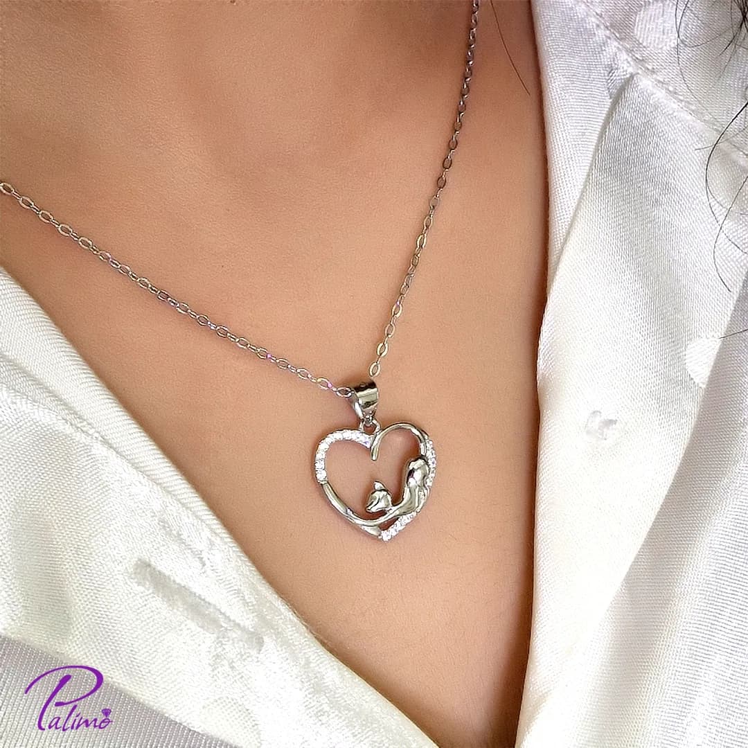 گردنبند نقره قلب و گربه کد N2237 با روکش طلا سفید — تصویر ۴