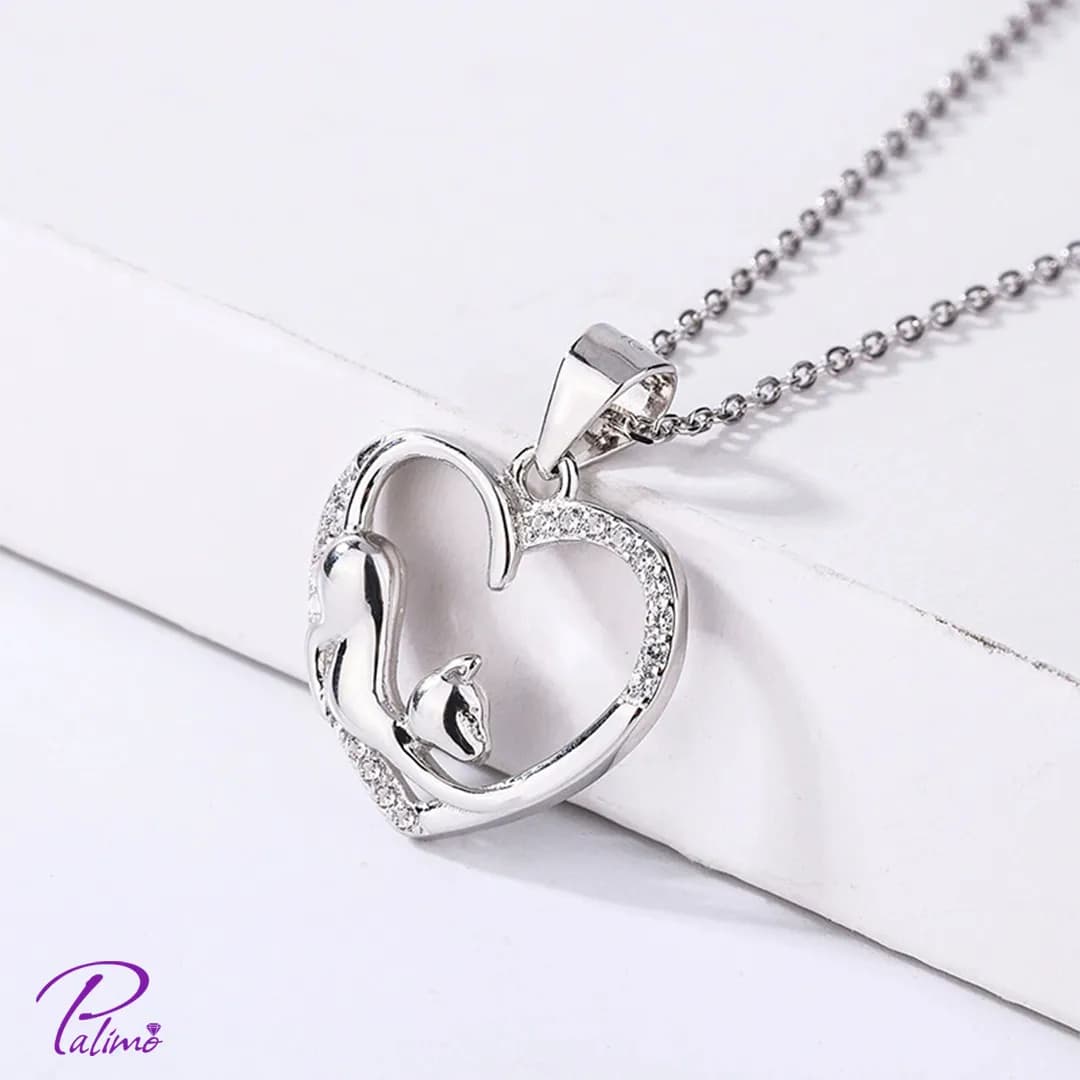گردنبند نقره قلب و گربه کد N2237 با روکش طلا سفید — تصویر ۶