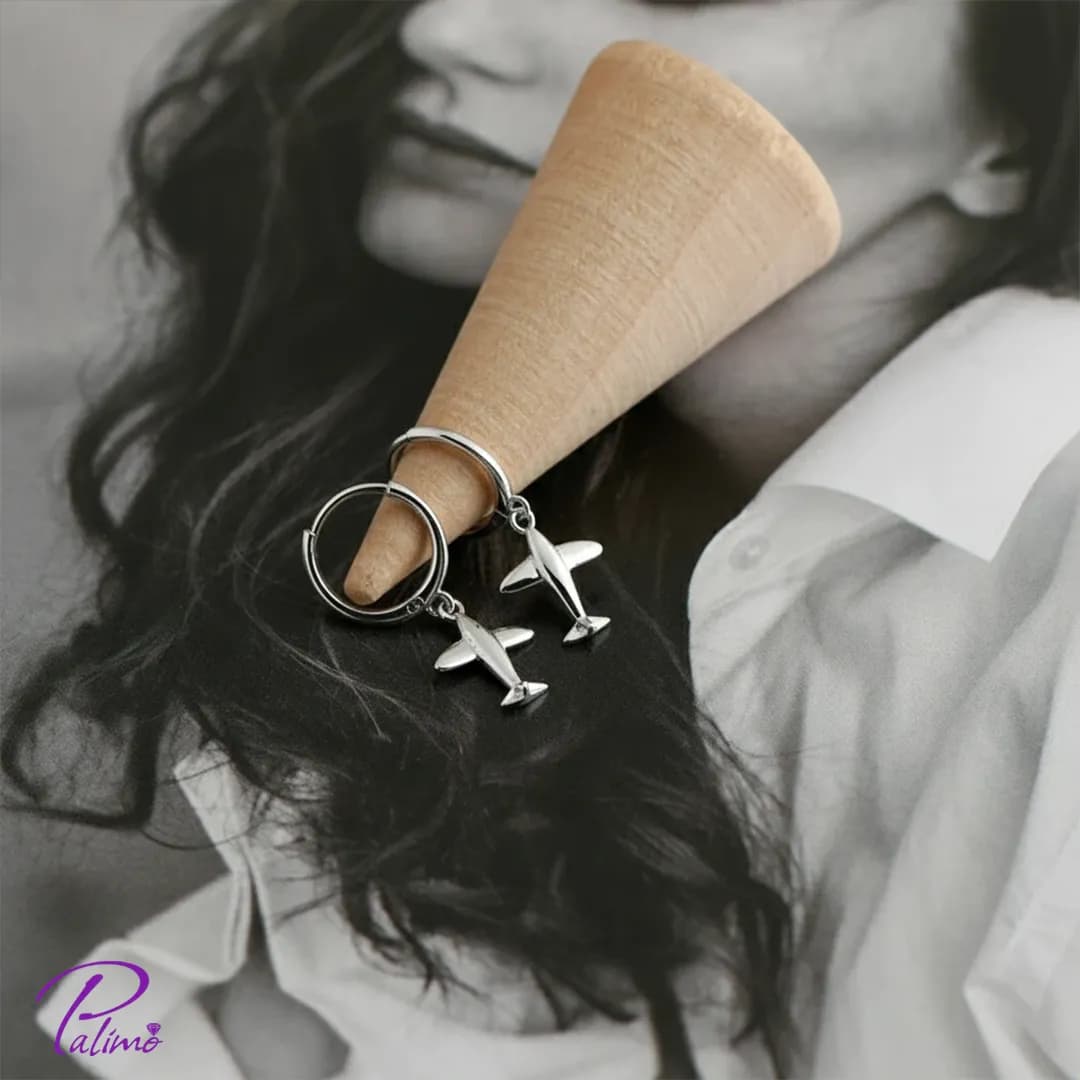 گوشواره نقره هواپیما آویز E2159 با روکش طلای سفید — تصویر ۵