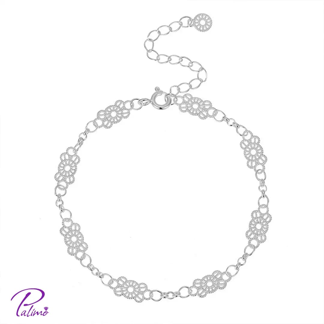 دستبند نقره گل حصیری B2217 با روکش طلای سفید