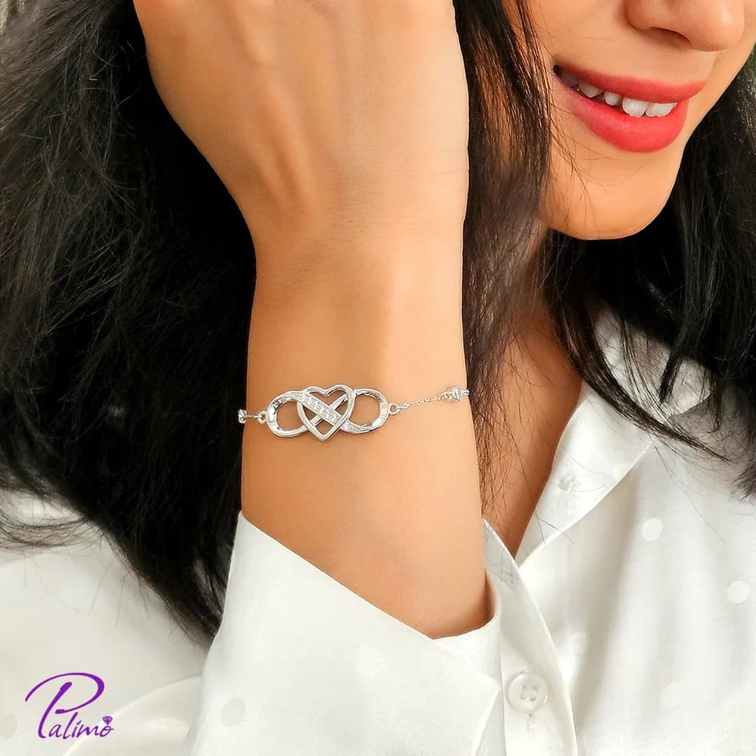دستبند نقره اینفینیتی قلب و بینهایت B2215 با روکش طلای سفید — تصویر ۲