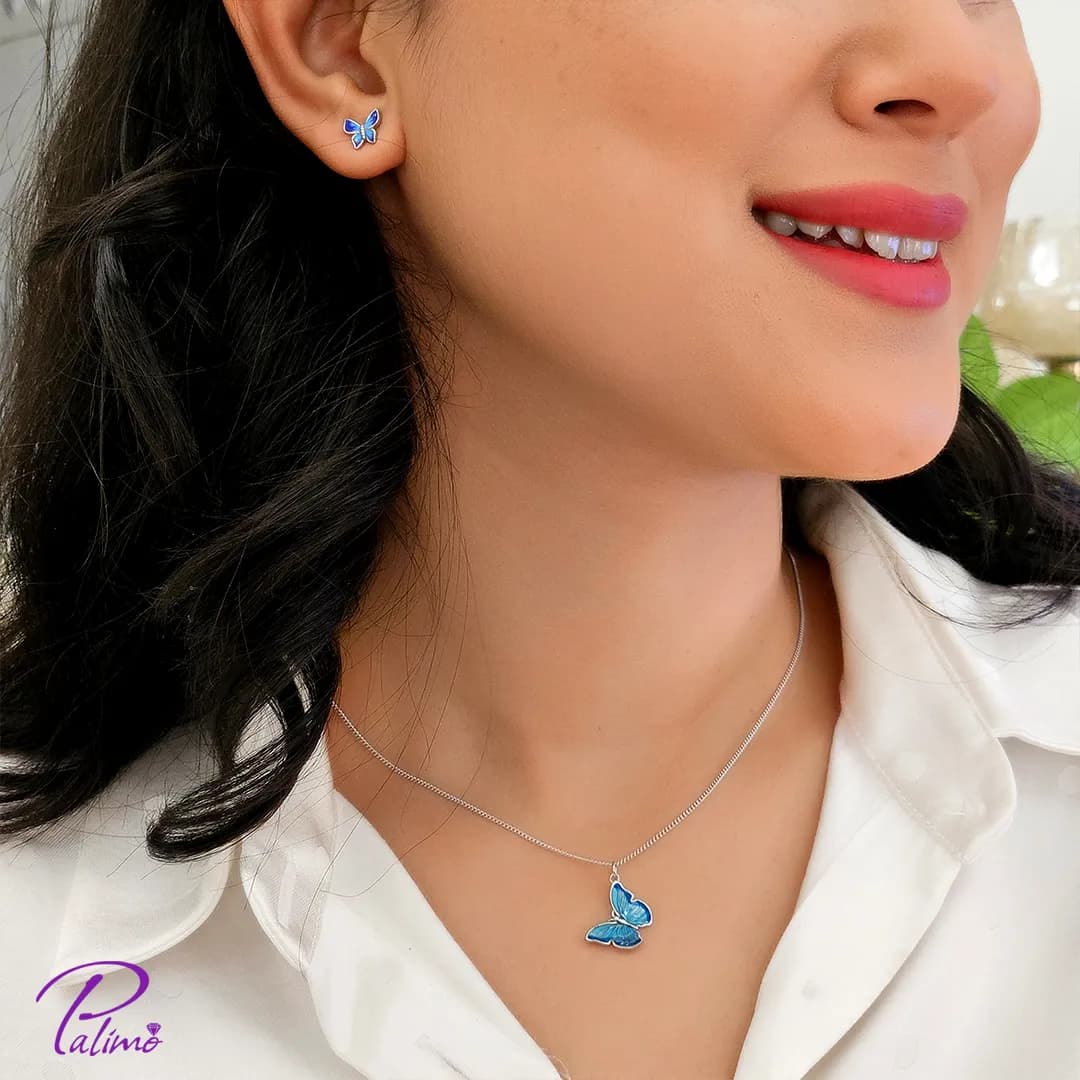 نیم ست نقره پروانه آبی کد H2153 با روکش طلای سفید — تصویر ۳