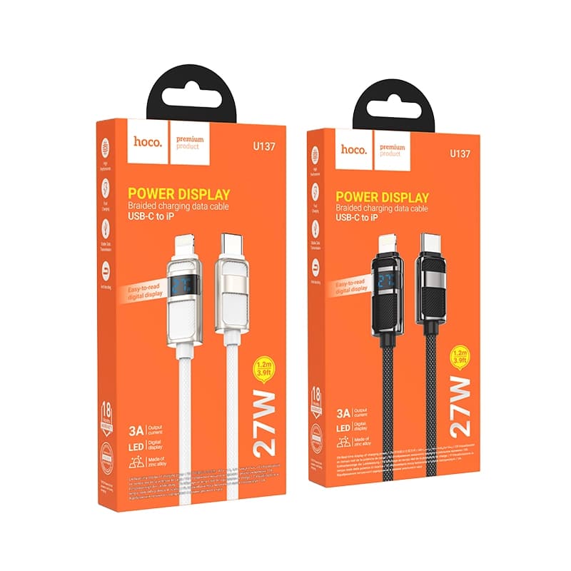 کابل شارژ هوکو hoco مدل U137 با سری Type-C به Lightning نمایشگر دار