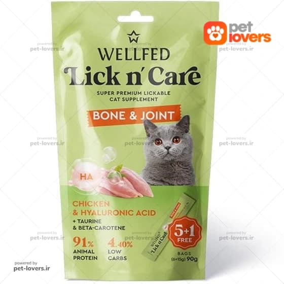 بستنی گربه مناسب سلامت استخوان و مفاصل طعم مرغ و اسید هیالورونیک ولفد Well Fed وزن 90 گرم (6 عددی)