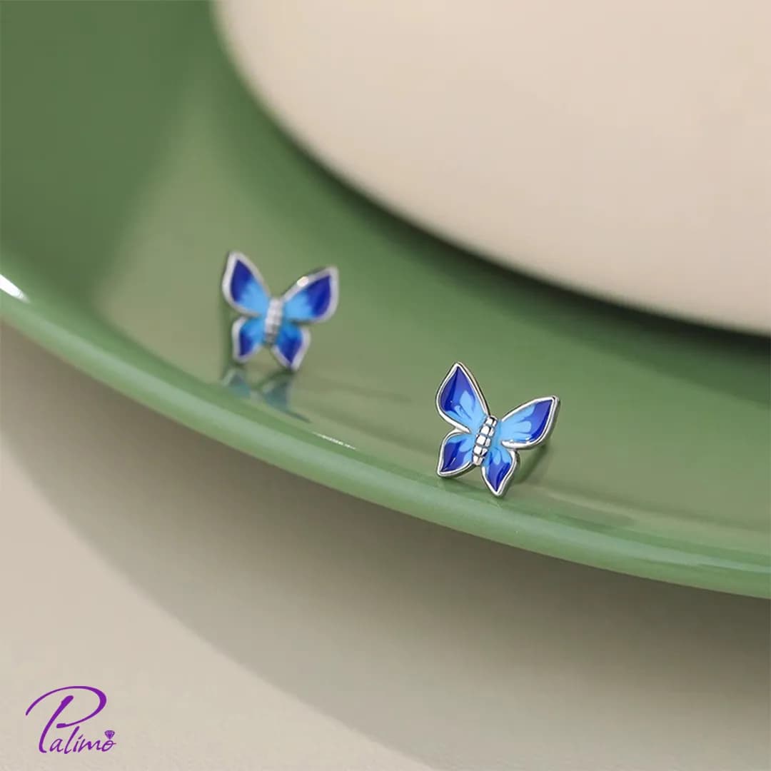 گوشواره نقره پروانه آبی E2134 با روکش طلای سفید — تصویر ۳