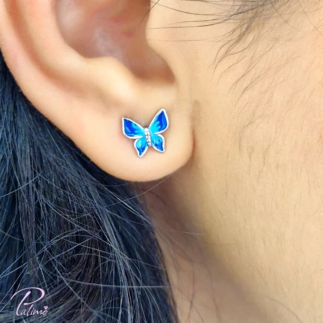 گوشواره نقره پروانه آبی E2134 با روکش طلای سفید — تصویر ۲