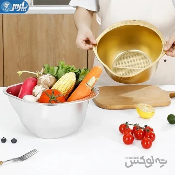 برنج شور و لگن آبکش دار استیل — تصویر ۶