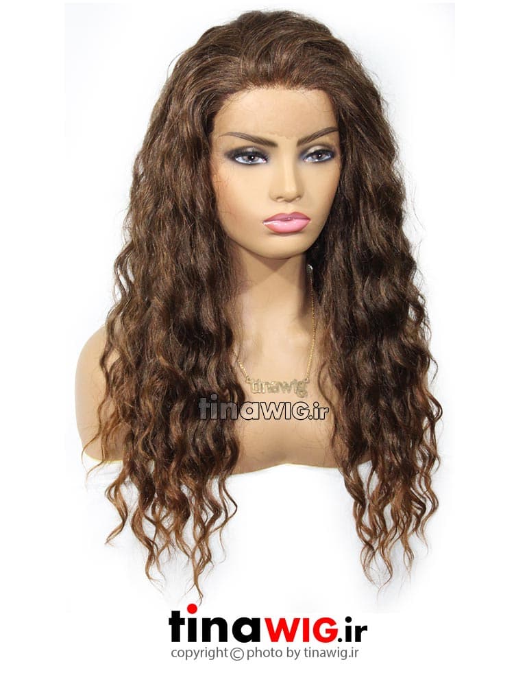کلاه گیس زنانه مصنوعی فر قهوه ای کد AH250-10 — تصویر ۲