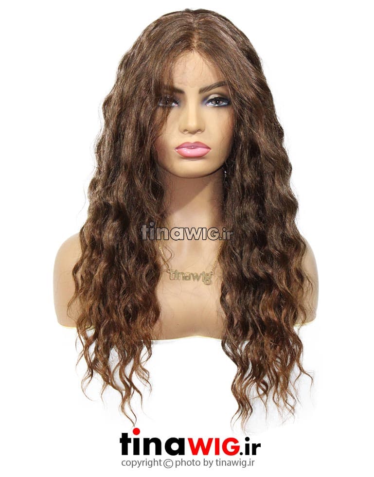 کلاه گیس زنانه مصنوعی فر قهوه ای کد AH250-10 — تصویر ۴