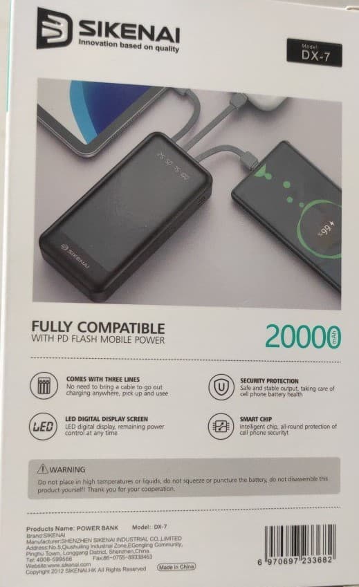 پاوربانک 20000 میلی آمپر سیکنای DX-7-20000 فست شارژ — تصویر ۳