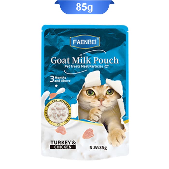 پوچ گربه فنبی مدل چانک طعم بوقلمون و مرغ داخل شیر بز وزن 85 گرم کد 103187 Faenbei Goat Milk Pouch