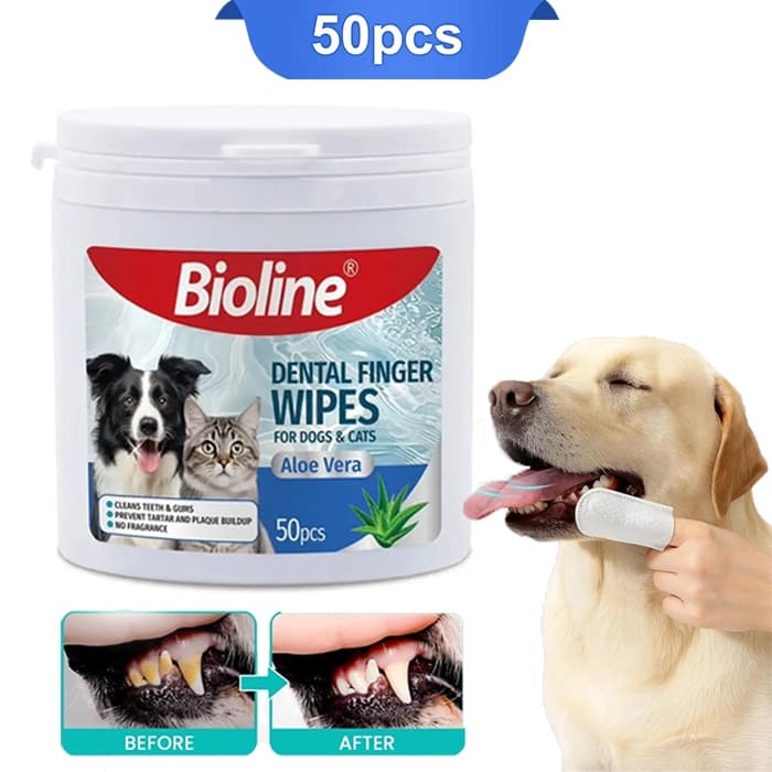 پد انگشتی تمیزکننده دندان سگ و گربه بایولاین حاوی آلوئه ورا 50 عددی Bioline Dental Finger Wipes
