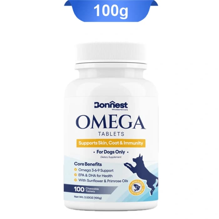 قرص امگا سگ بونست برای بهبود سلامتی پوست و مو طعم ماهی سالمون (100 عددی) وزن 100 گرم Bonnest Omega Tablets