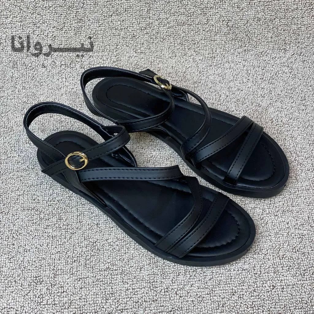 صندل زنانه چرمی دوبند مشکی