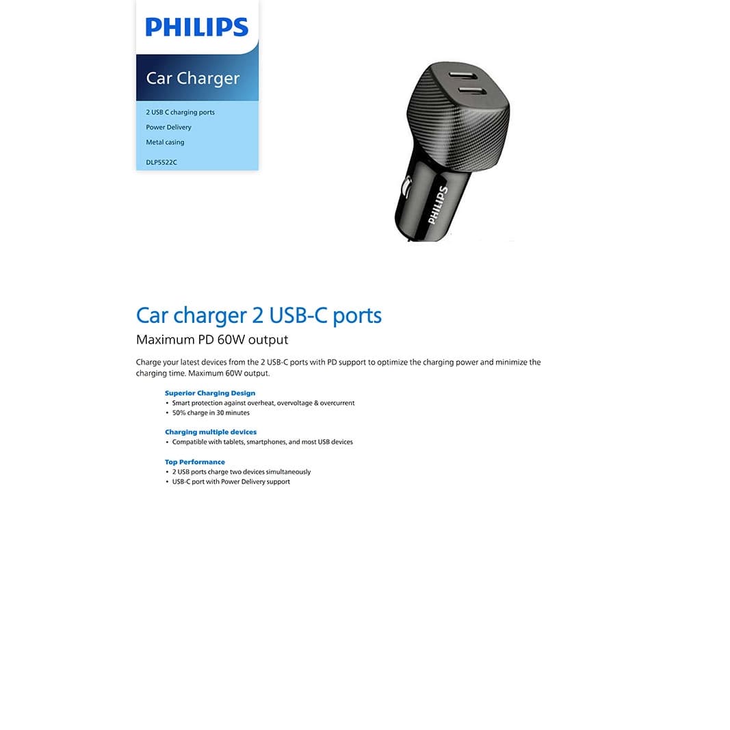 شارژر فندکی فست شارژ 60 واتی فیلیپس مدل Philips Car Charger DLP5522 | DLP5522 — تصویر ۵