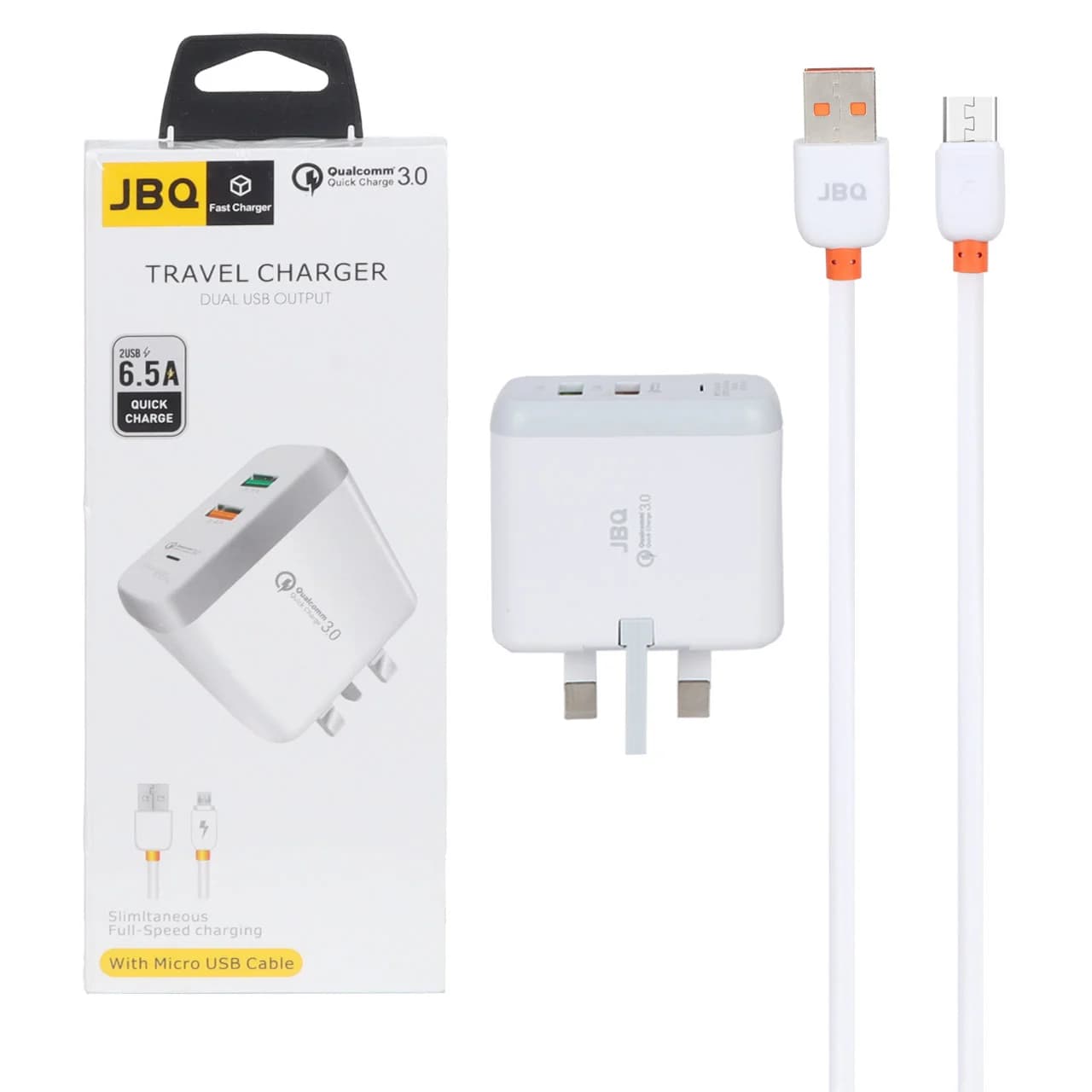 شارژر دیواری فست دو پورت JBQ مدل F-2USB 18W همراه با کابل اندروید – سفید (گارانتی یکساله رصاصی)