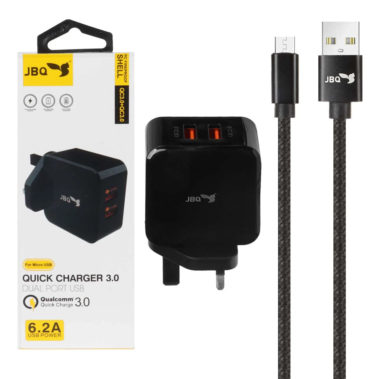 شارژر دیواری فست دو پورت JBQ مدل HC-12F2 30W همراه با کابل اندروید – مشکی (گارانتی یکساله رصاصی)
