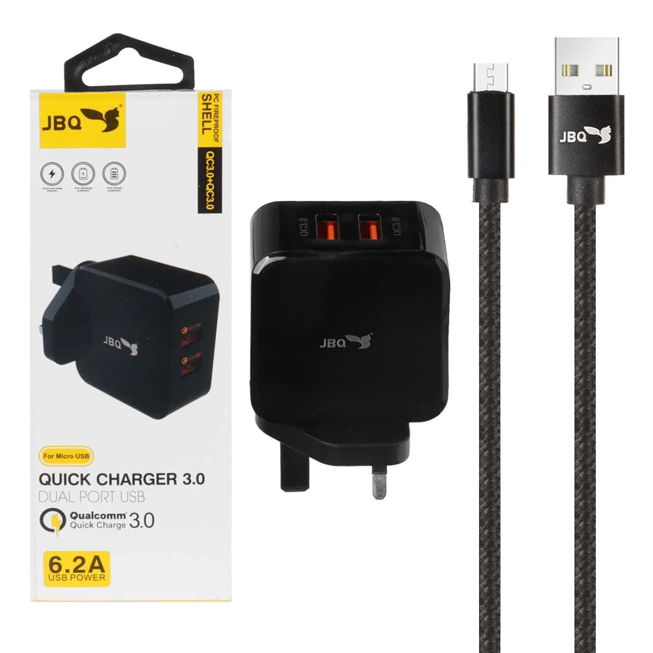 شارژر دیواری فست دو پورت JBQ مدل HC-12F2 30W همراه با کابل اندروید – مشکی (گارانتی یکساله رصاصی) — تصویر ۹