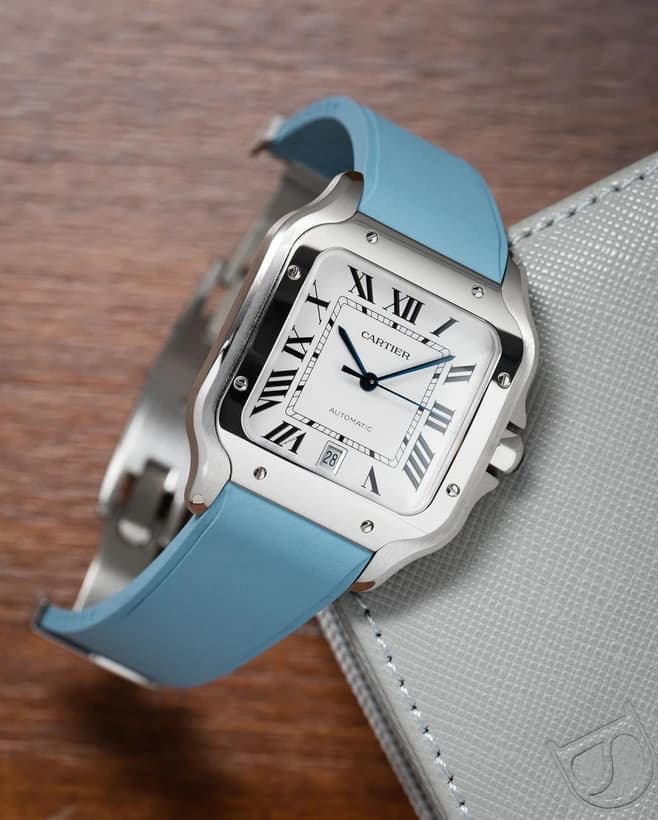 ساعت مچی کارتیه سانتوس | Cartier Santos | نقره ای-آبی صفحه سفید رپلیکا ایتالیا