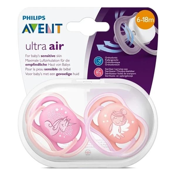 پستانک اونت اولترا ایر 6 تا 18ماه ۲عددی avent ultra air ارتدنسی فرشته و یونیکورن 345/22