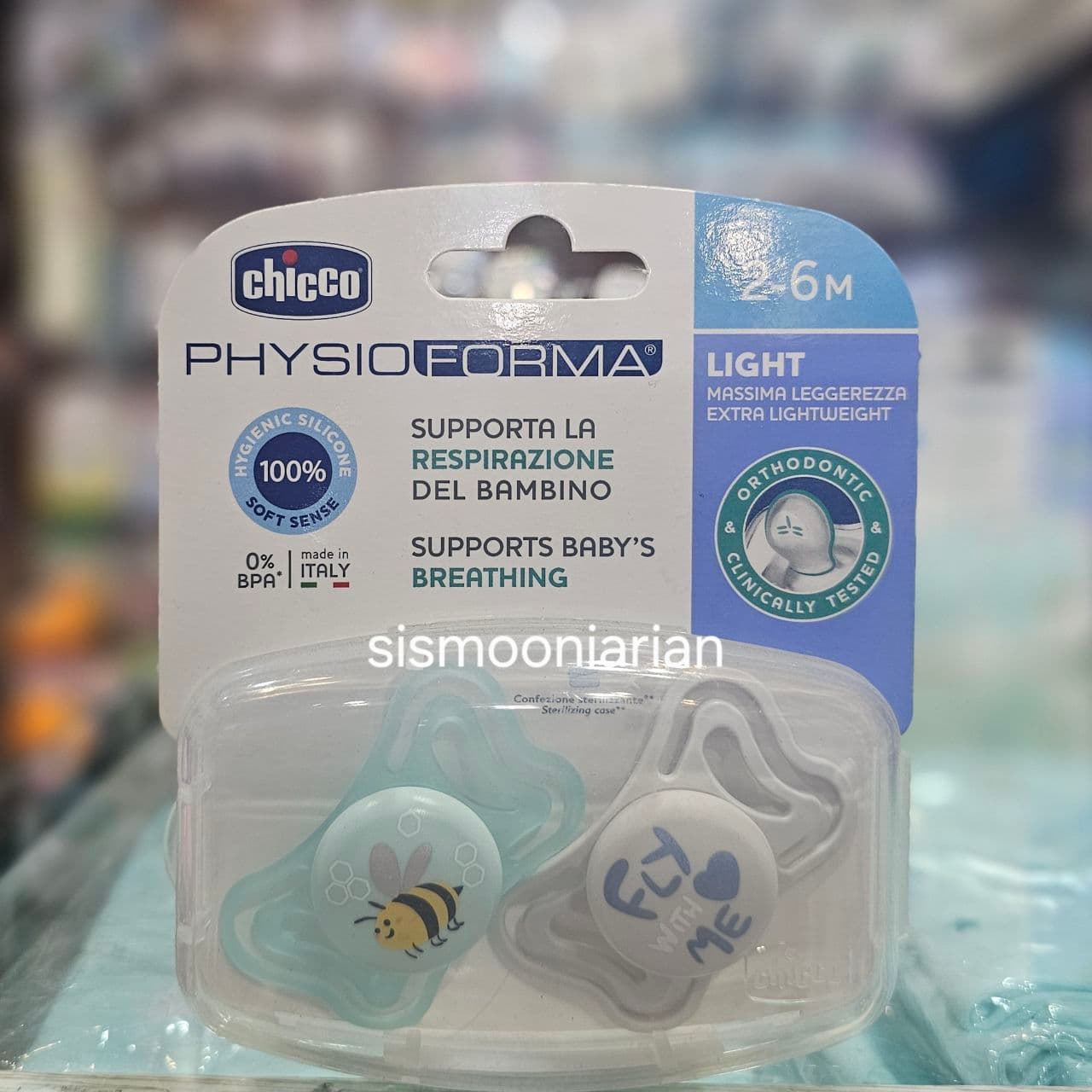 پستانک چیکو ارتدنسی ۲عددی سایز 2 تا 6 ماه فیزیو فورما chicco طرح fly love me زنبور