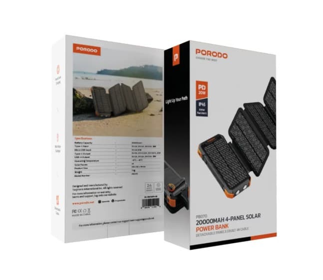 پاوربانک 20000mAh پرودو مدل PB070 با پنل خورشیدی(عمده و تک)