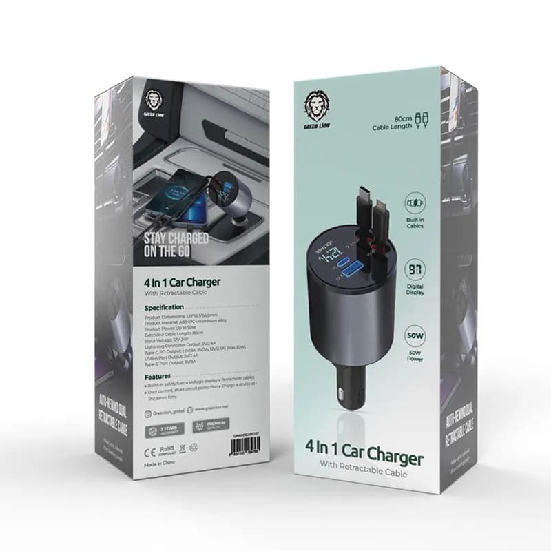 شارژر فندکی ۴ کاره گرین لاین 4In1 Car Charger Retractable Cable — تصویر ۵