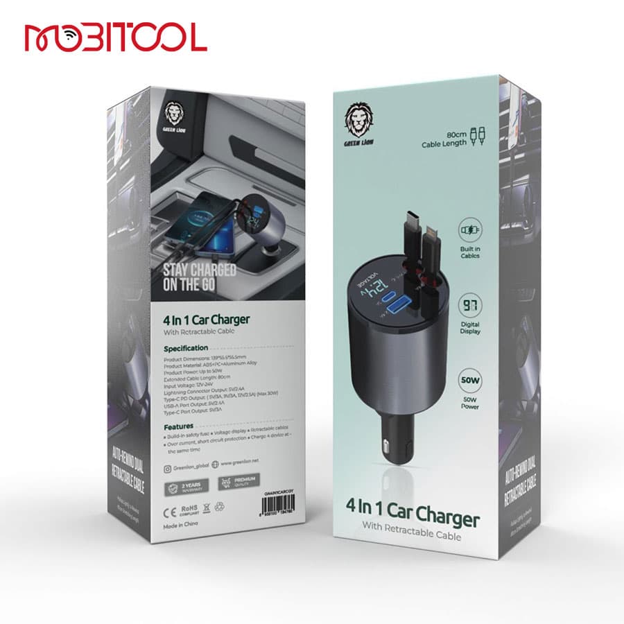 شارژر فندکی ۴ کاره گرین لاین 4In1 Car Charger Retractable Cable — تصویر ۱۲