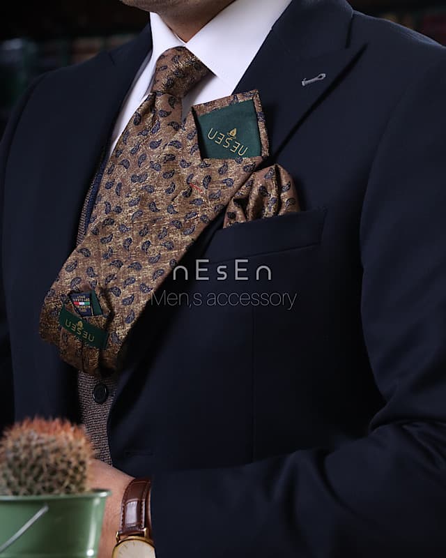 کراوات و دستمال جیب مردانه NESEN | طرح بتهجقه طلایی T181 — تصویر ۲