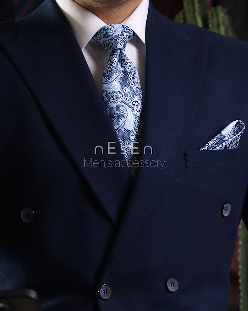 ست کراوات و دستمال جیب مردانه NESEN | طرح بته‌جقه آبی T179