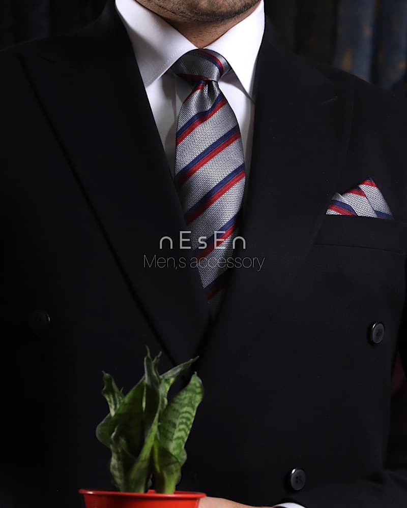 کراوات و دستمال جیب مردانه NESEN | طرح کجراه طوسی T158