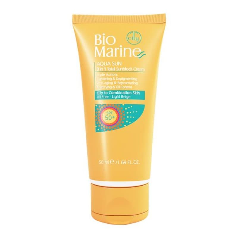 کرم ضد آفتاب روشن کننده و ضد چروک با spf50 مناسب برای پوست های چرب و مختلط بایو مارین