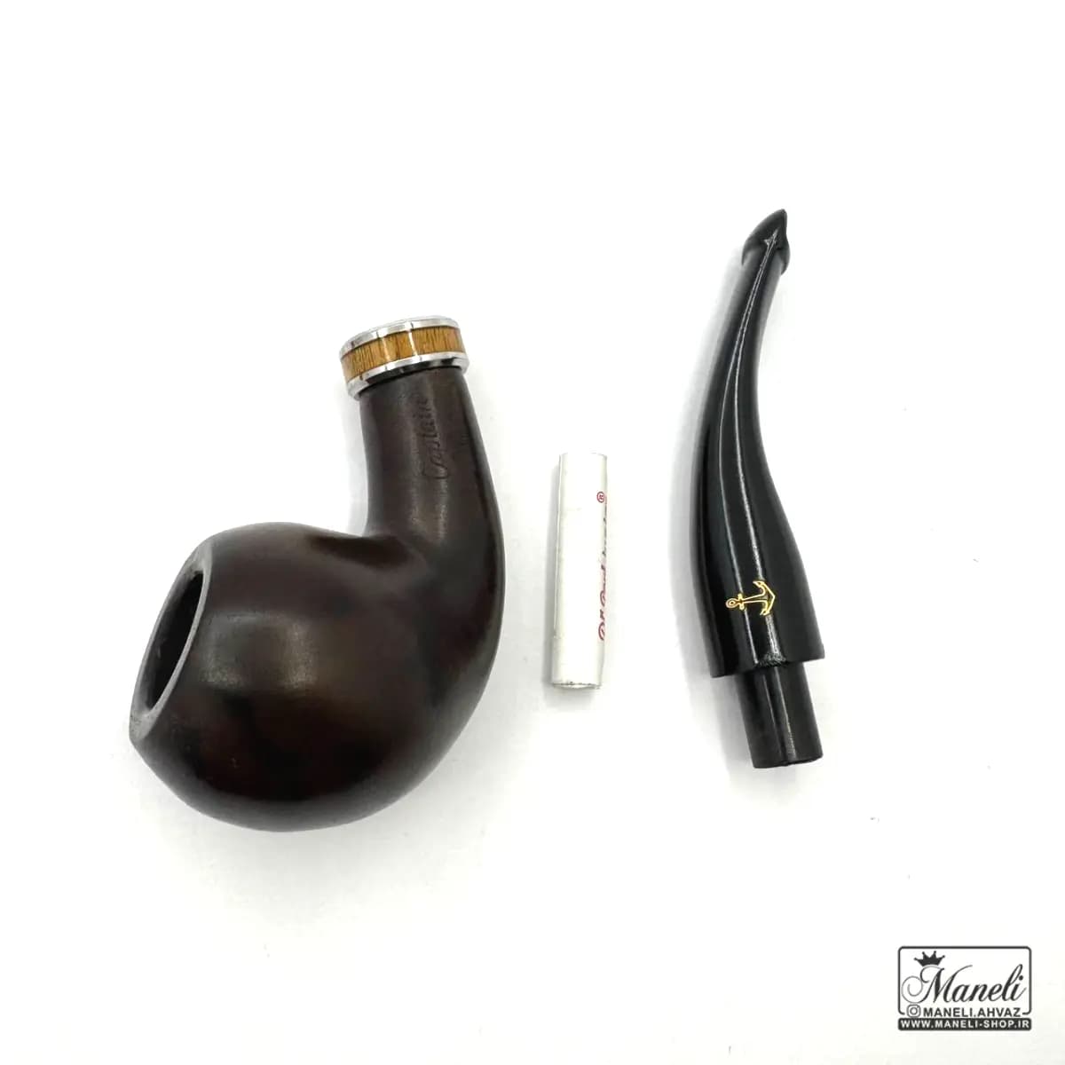 پیپ چوبی قهوه ای تیره capitan black با حلقه طرح چوب استیل — تصویر ۳