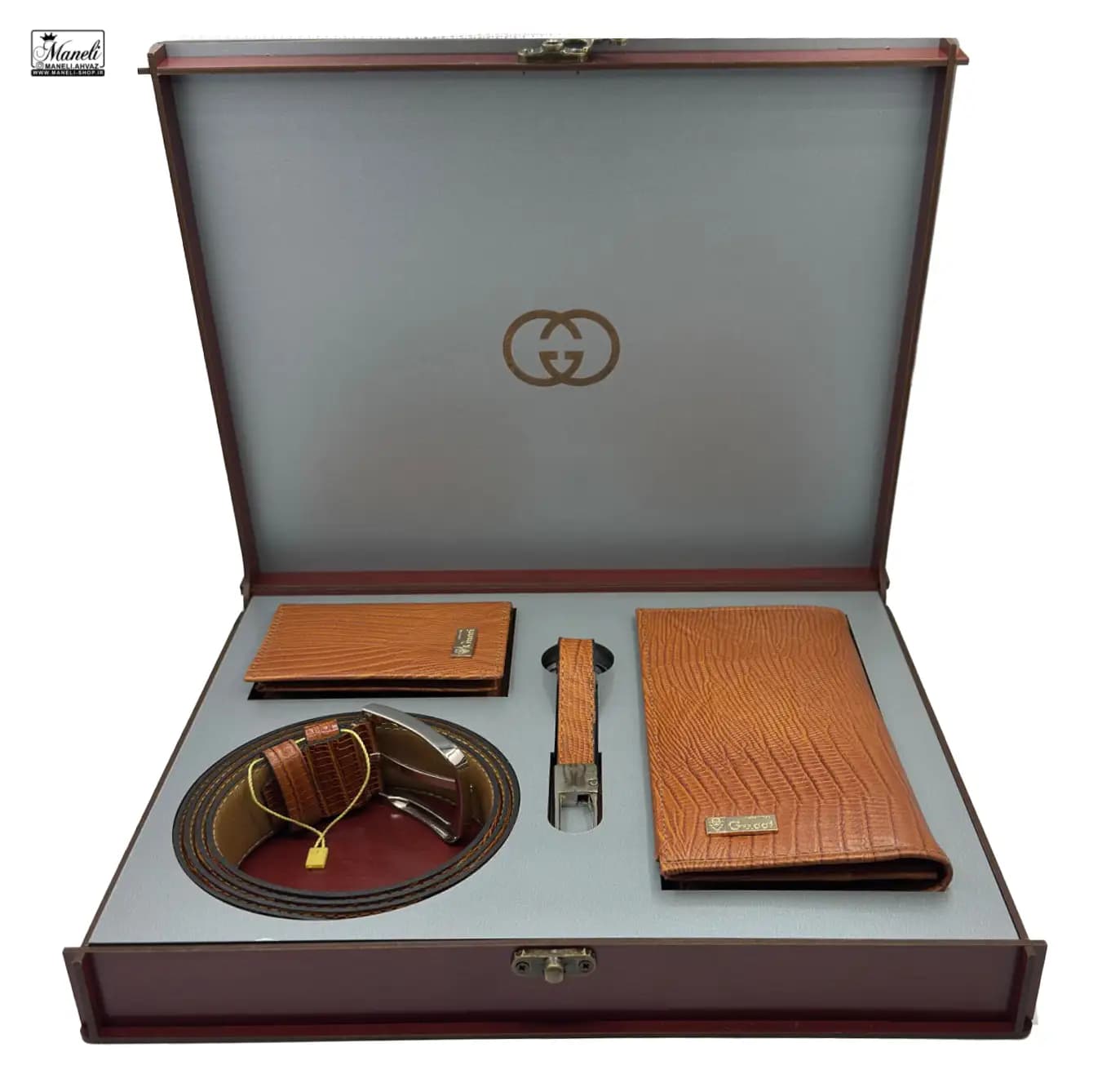 ست کیف و کمربند Gucci عسلی رنگ چهار تیکه