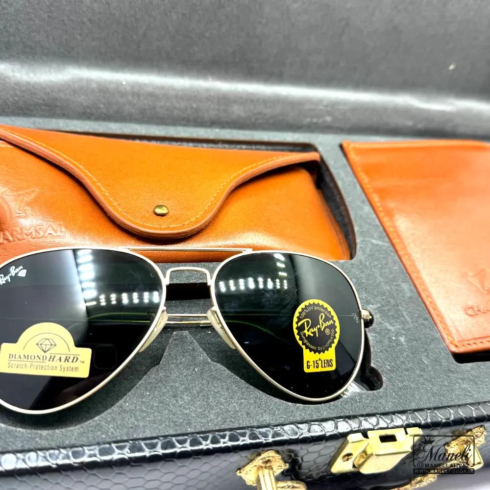 ست هدیه ای لاکچری کیف چرم و عینک Ray-Ban چرمسال | چرم طبیعی عسلی — تصویر ۲