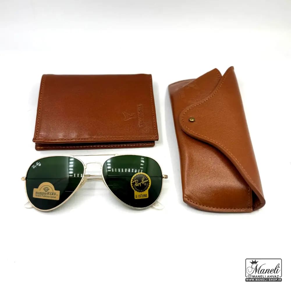 ست هدیه ای لاکچری کیف چرم و عینک Ray-Ban چرمسال | چرم طبیعی عسلی — تصویر ۴