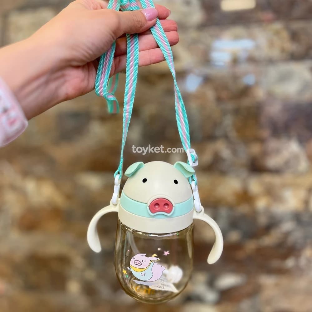 لیوان آبمیوه خوری نی دار کودک بند دار طرح پیگی دو رنگ — تصویر ۵