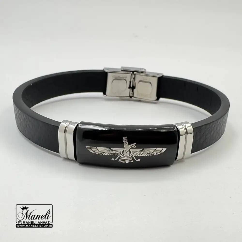 دستبند چرم مصنوعی فروهر با ترکیب استیل — تصویر ۳