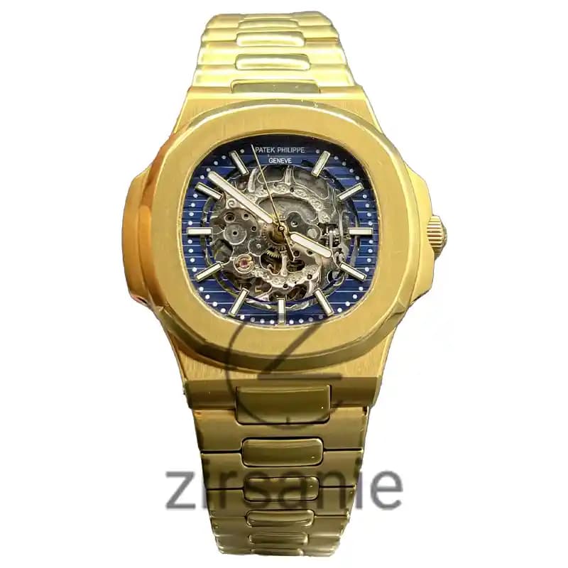 ساعت مچی مردانه پتک فیلیپ ناتیلوس اسکلتون اتومات طلایی صفحه آبی Patek Philippe Nautilus Skeleton Automatic Golden Blue Screen