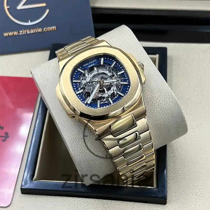 ساعت مچی مردانه پتک فیلیپ ناتیلوس اسکلتون اتومات طلایی صفحه آبی Patek Philippe Nautilus Skeleton Automatic Golden Blue Screen — تصویر ۲