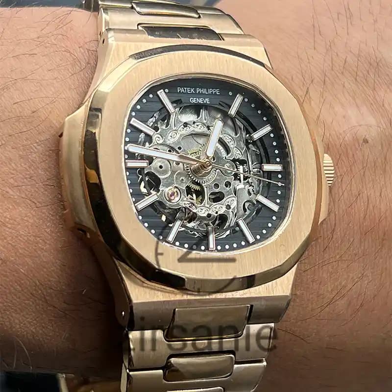 ساعت مچی مردانه پتک فیلیپ ناتیلوس اسکلتون اتومات رزگلد صفحه مشکی Patek Philippe Nautilus Skeleton Automatic RoseGold Black Screen — تصویر ۵